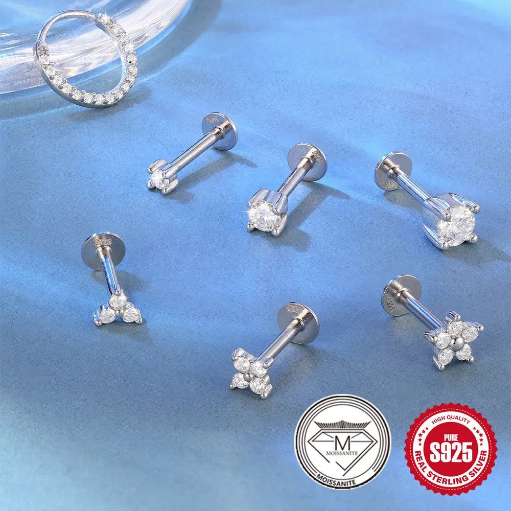 Sterling silver petal diamond stud earrings with geometric debris design and ear clip back