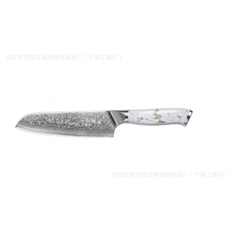 Damascus pattern VG10 steel combined chef's knife with 21cm blade on wooden surface