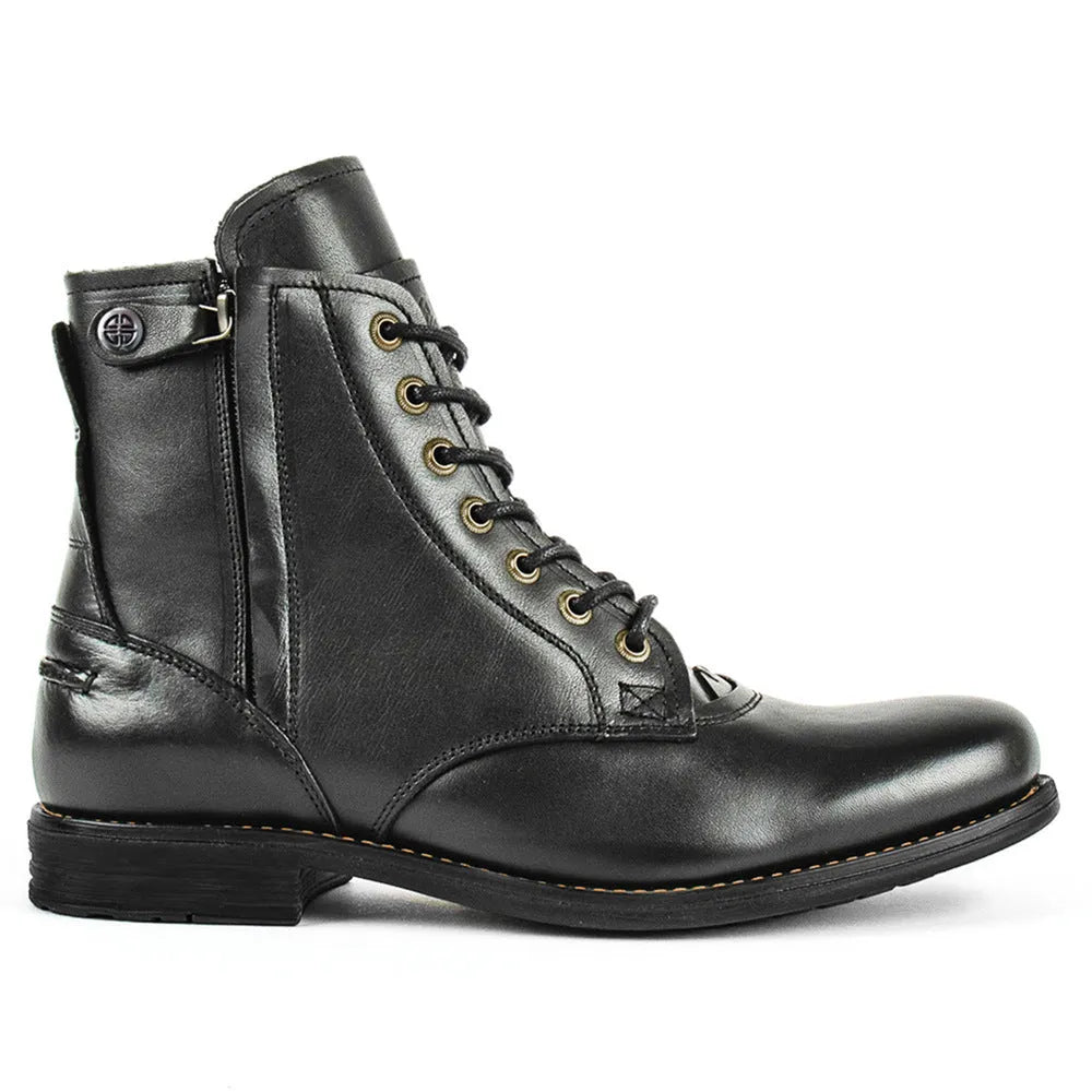 Knight Series men's two-tone leather boot with side zipper in black, showing low heel and mature style.