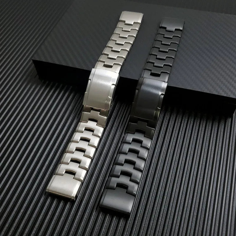 Garmin Jiaming Fenix compatible metal watch strap in black, silver, and titanium colours showing 22mm and 26mm width options