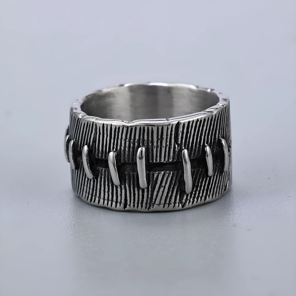 Dark punk style titanium steel ring with stitched geometric U-shape double ring design in retro colour.