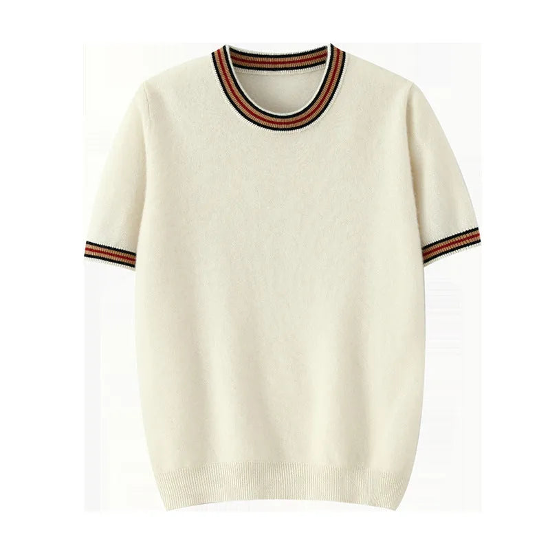 Men's short sleeve pure wool sweater in grey with round neck pullover design