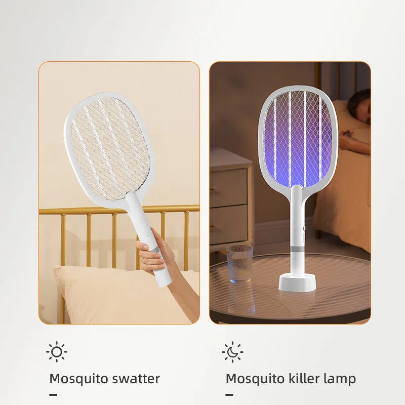 Purple and blue rechargeable electric mosquito swatters for indoor use.