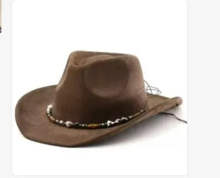 Brown leather velvet cowboy hat with a curved edge and conical crown on a plain background.