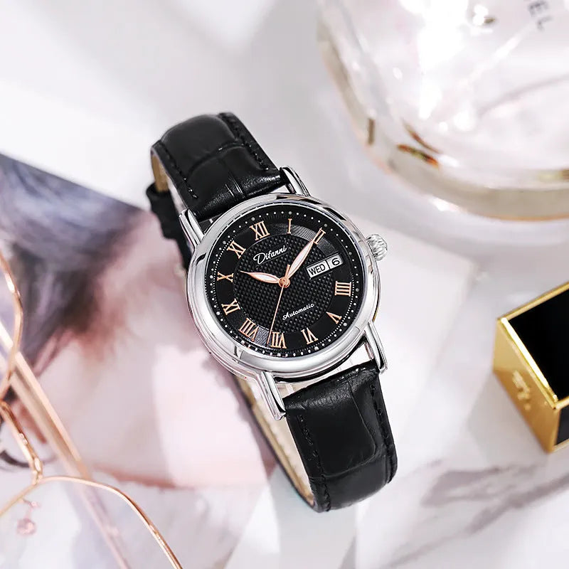 Women's automatic mechanical watch with 12mm thickness showing multiple colour strap and dial options