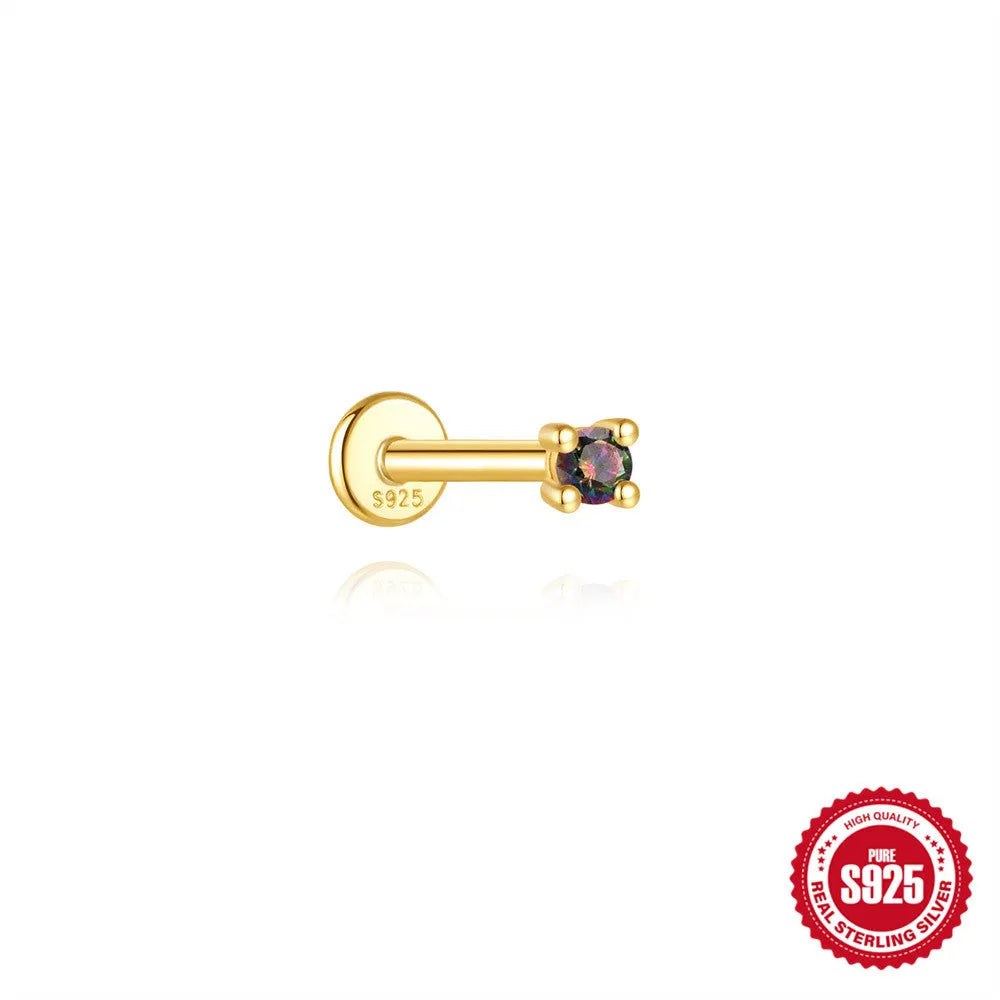 S925 sterling silver flat head thread piercing with a shiny rainbow stone in a gold setting.