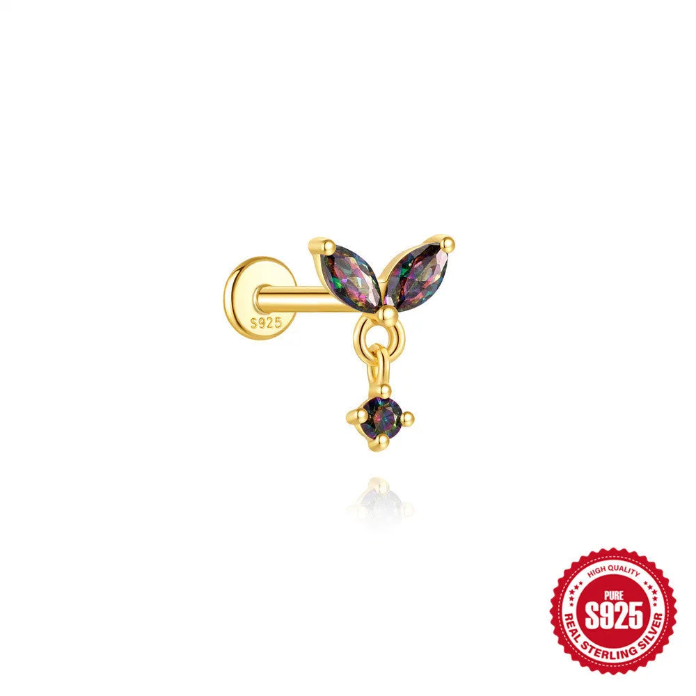 S925 sterling silver flat head thread piercing with a shiny rainbow stone in a gold setting.
