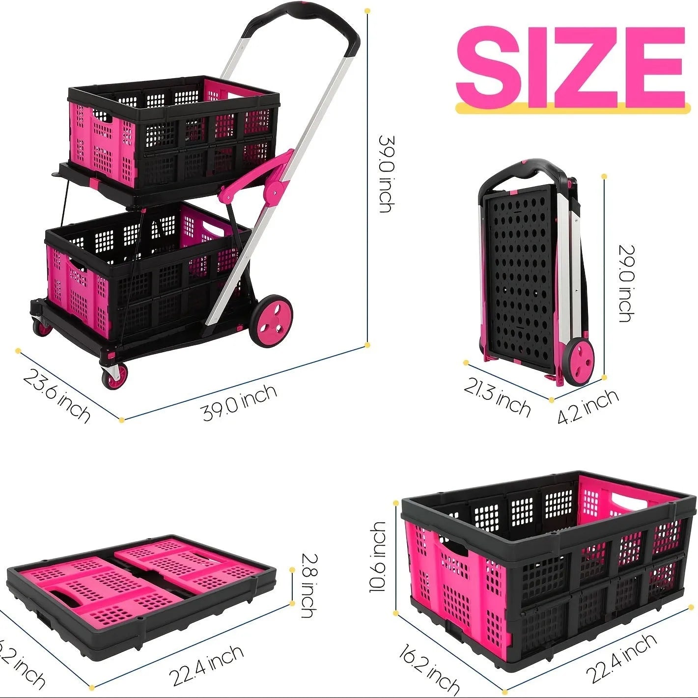 Foldable plastic shopping trolley with double-layer basket shown in blue, purple, pink, and red colour options.