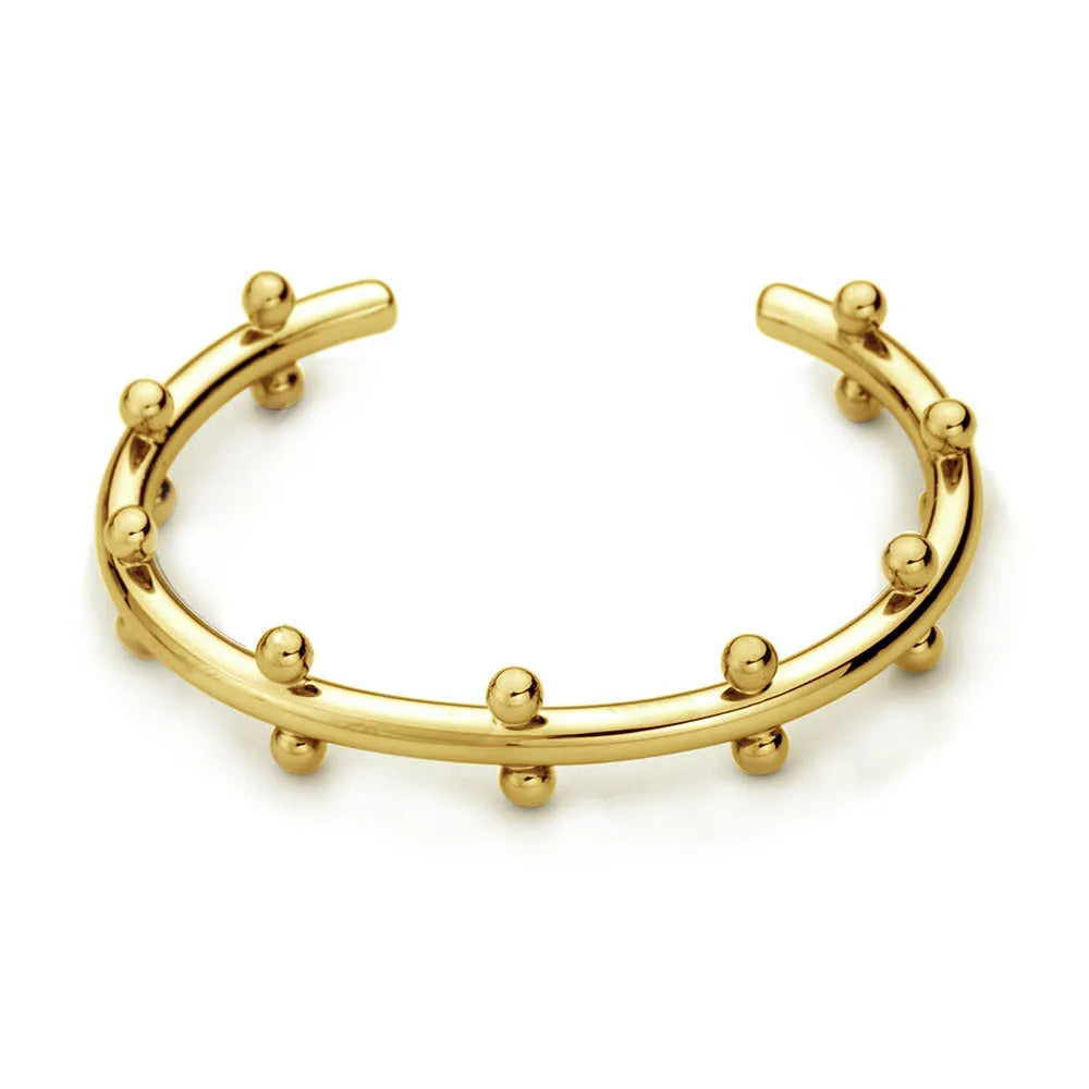 C-shaped textured rivet bean bead charm bracelet in gold, steel, or two-tone finish on an alloy chain.