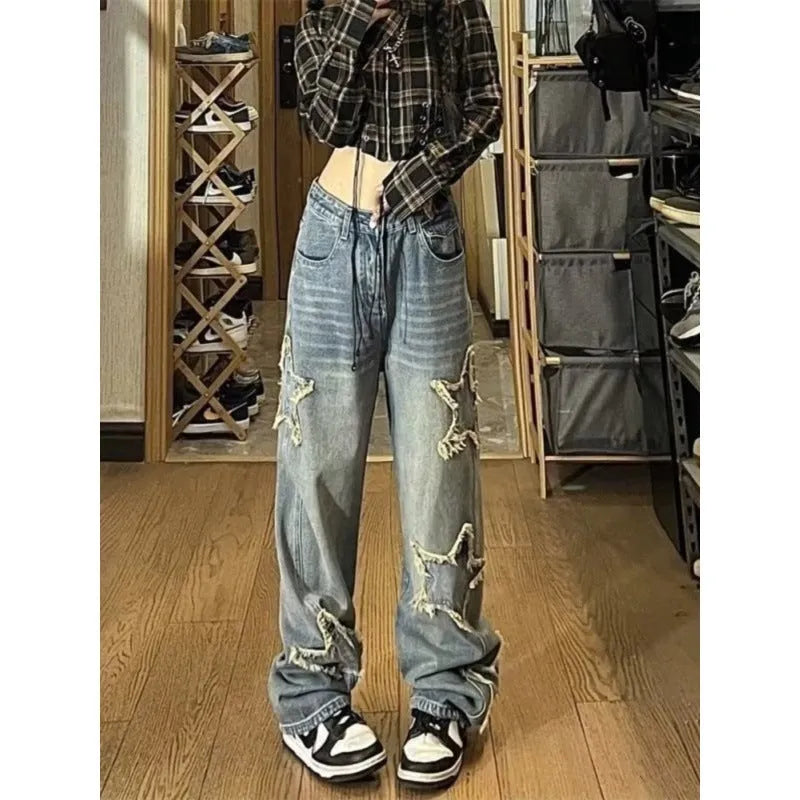 Blue women's high waist straight leg jeans with micro-elasticity denim fabric