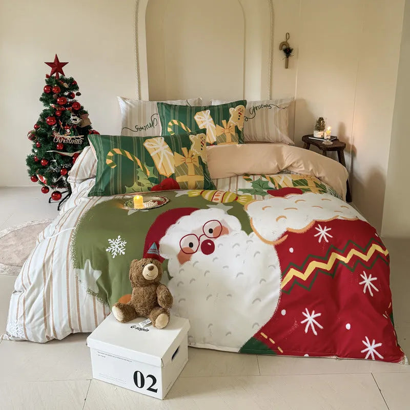 Christmas bedding four-piece set with cartoon print including sheet, quilt cover and pillowcases