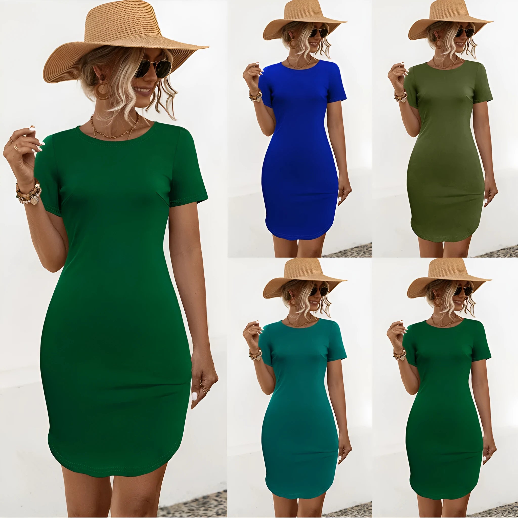 Women's slim fit short sleeve dress with a U-shaped split neckline in a solid army green colour.