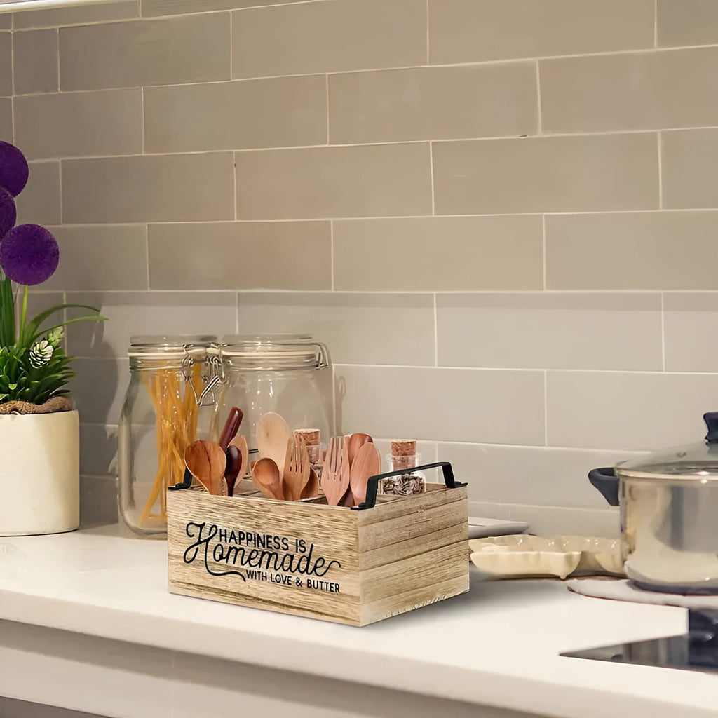 Wooden kitchen cutlery storage box with grid divider in modern minimalist design