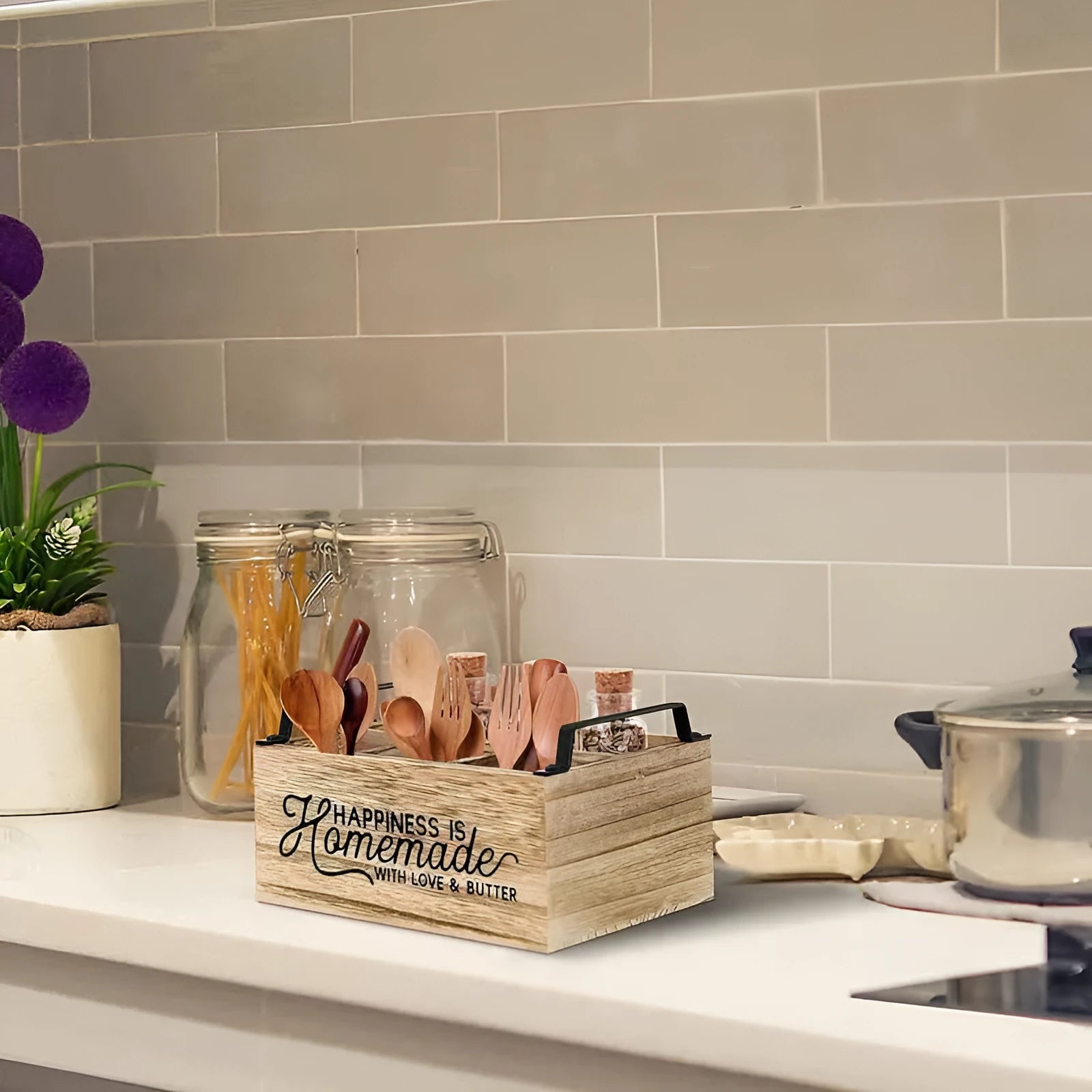 Wooden kitchen cutlery storage box with grid divider in modern minimalist design