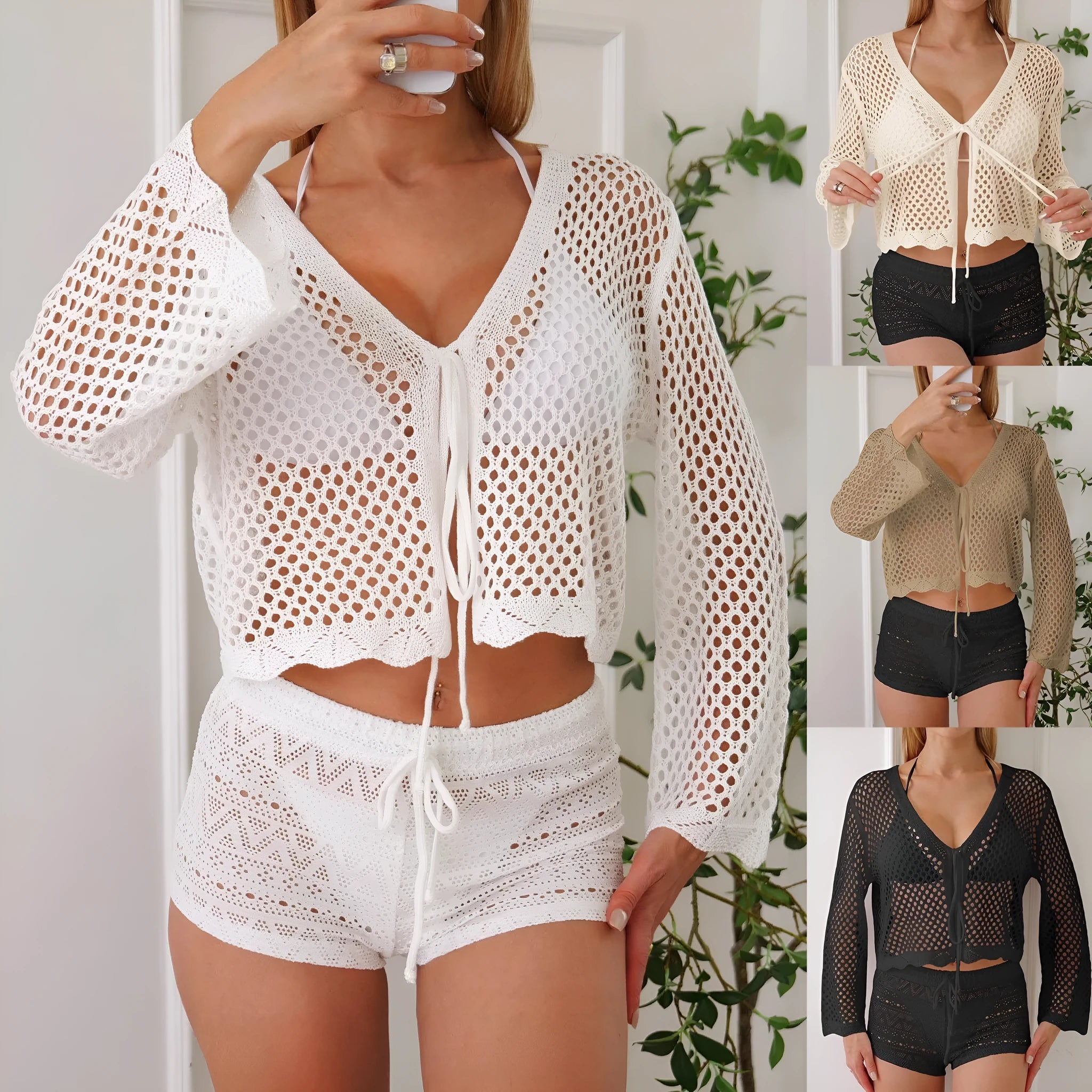 Women's short length cardigan blouse with nine-quarter bell sleeves in a hollow woven imitation cotton fabric.