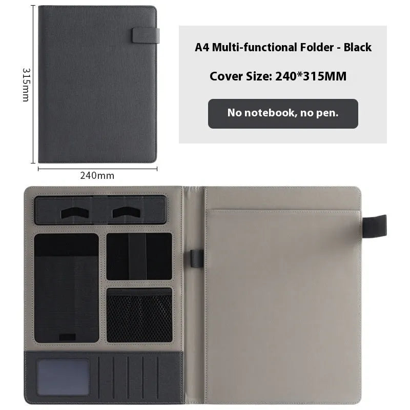 Leather A4 business folder in black colour showing pen holder and notepad configuration