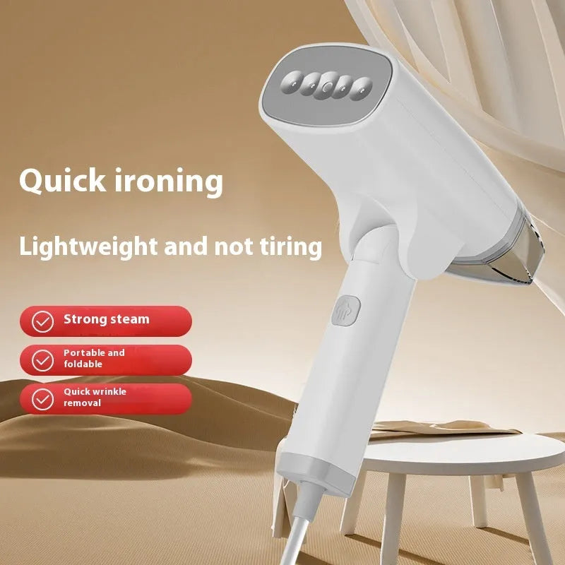 Blue and white handheld garment steamer with 1300W power and two temperature settings