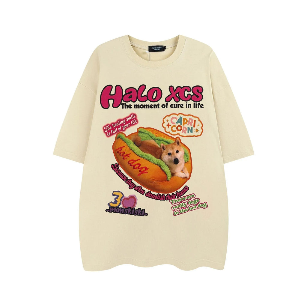 Cartoon hamburger dog printed cotton T-shirt in loose fit available in three colours