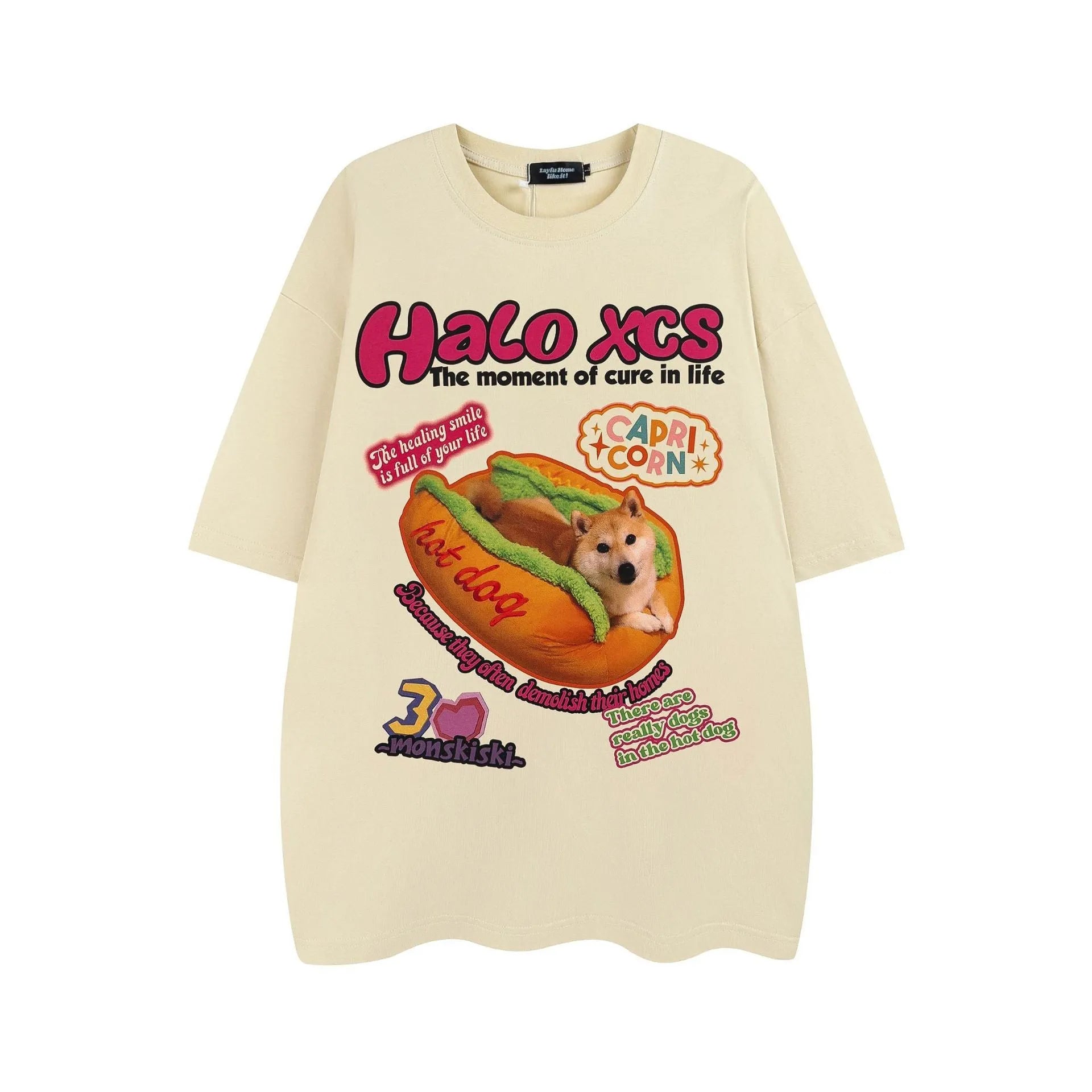 Cartoon hamburger dog printed cotton T-shirt in loose fit available in three colours
