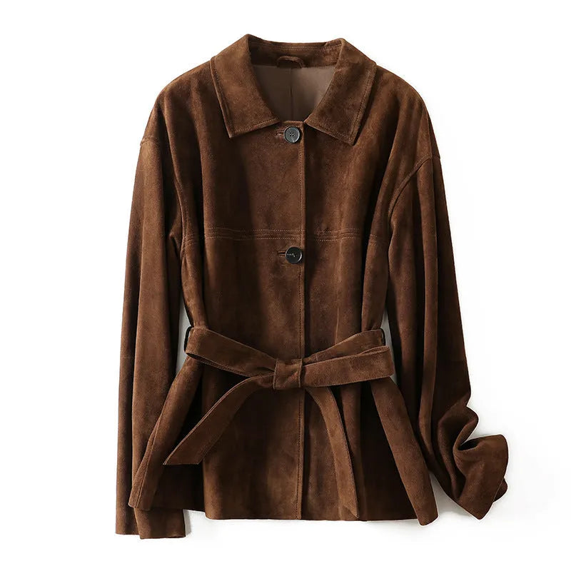 French retro cashmere coat with Peter Pan collar and leather stitching details in Caramel Mocha colour