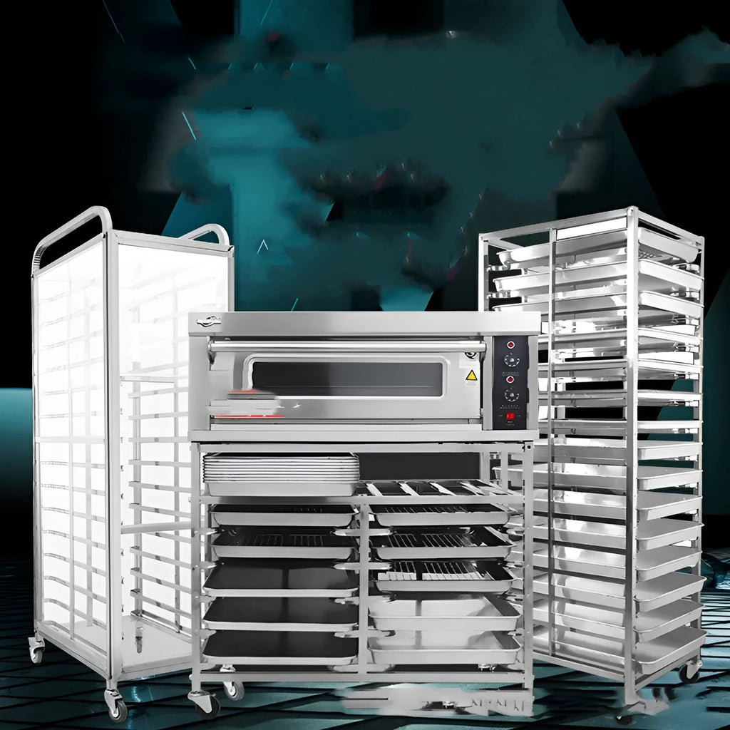 Six-layer stainless steel baking tray rack with locking mechanism, frame size 40x60cm.