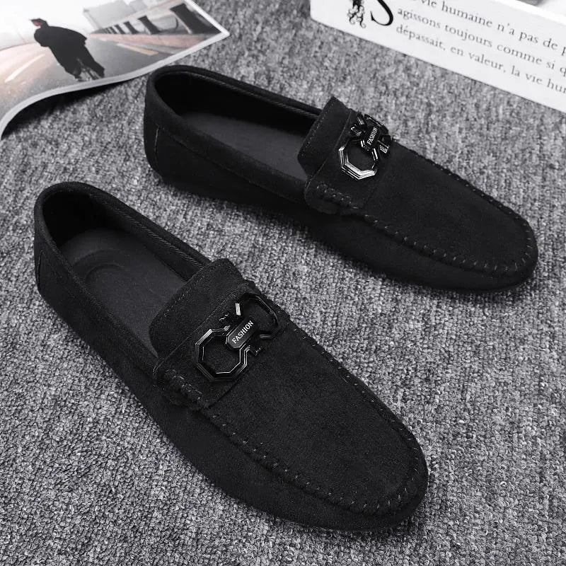 Men's black and grey suede casual shoes with rubber soles showing breathable summer design