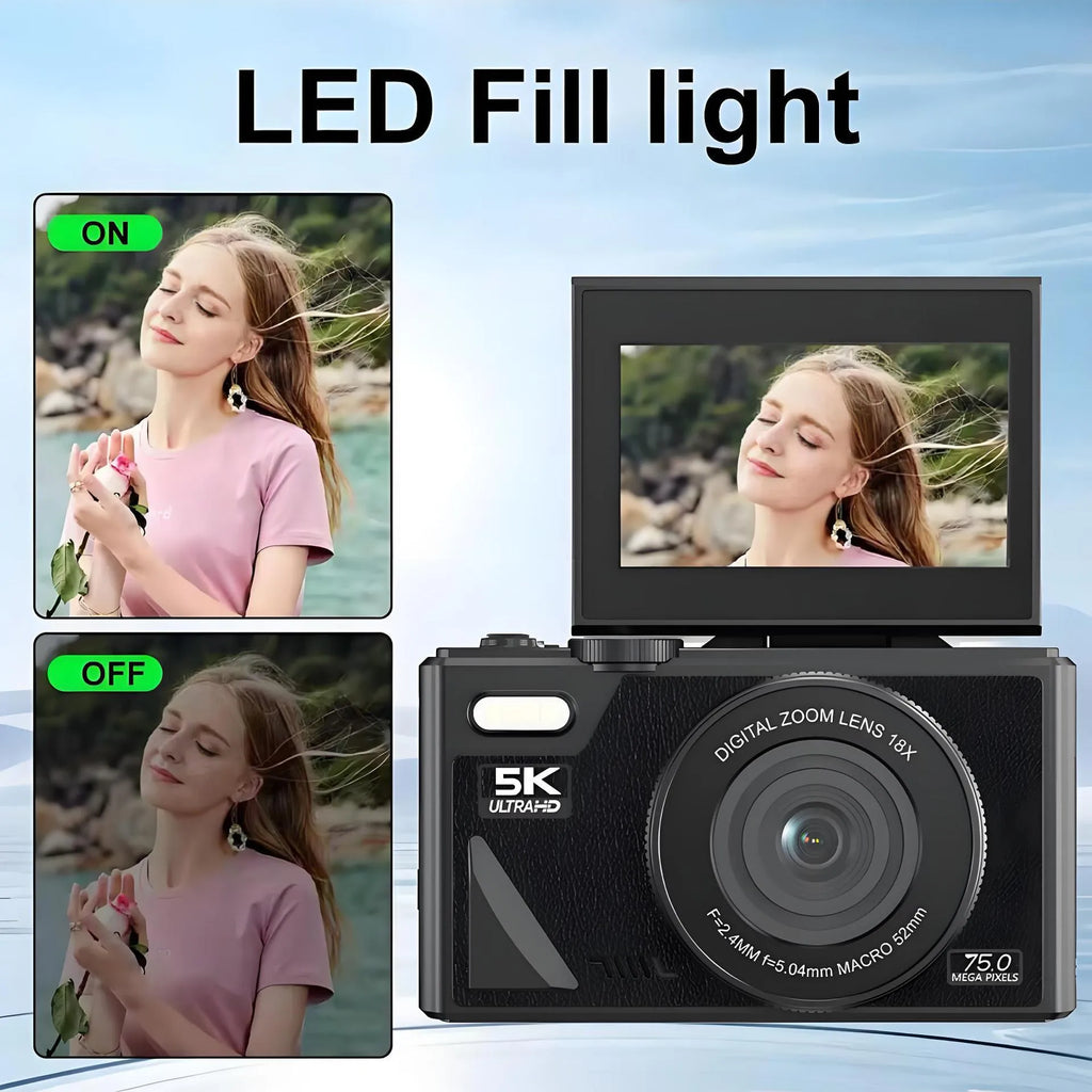 CCD HD digital camera with WiFi transmission in black, shown from front angle, compact plastic body