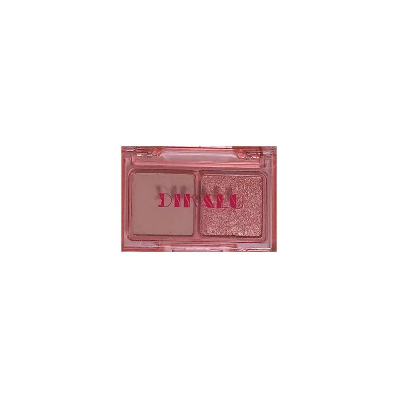 Dikalu two-tone eye shadow plate showing pink and black matte and shimmer shades in compact