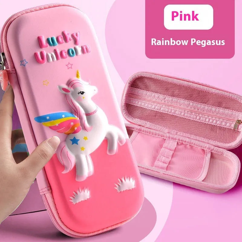 3D leather pencil case with embossed holographic character design showing textured surface detail