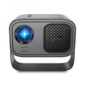 Black portable HD projector with remote control and cables for home office use
