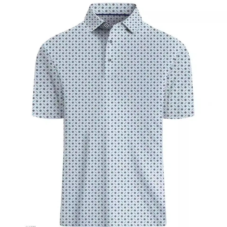 Man wearing a 3D print short sleeve top with Japanese retro style and zipper details.