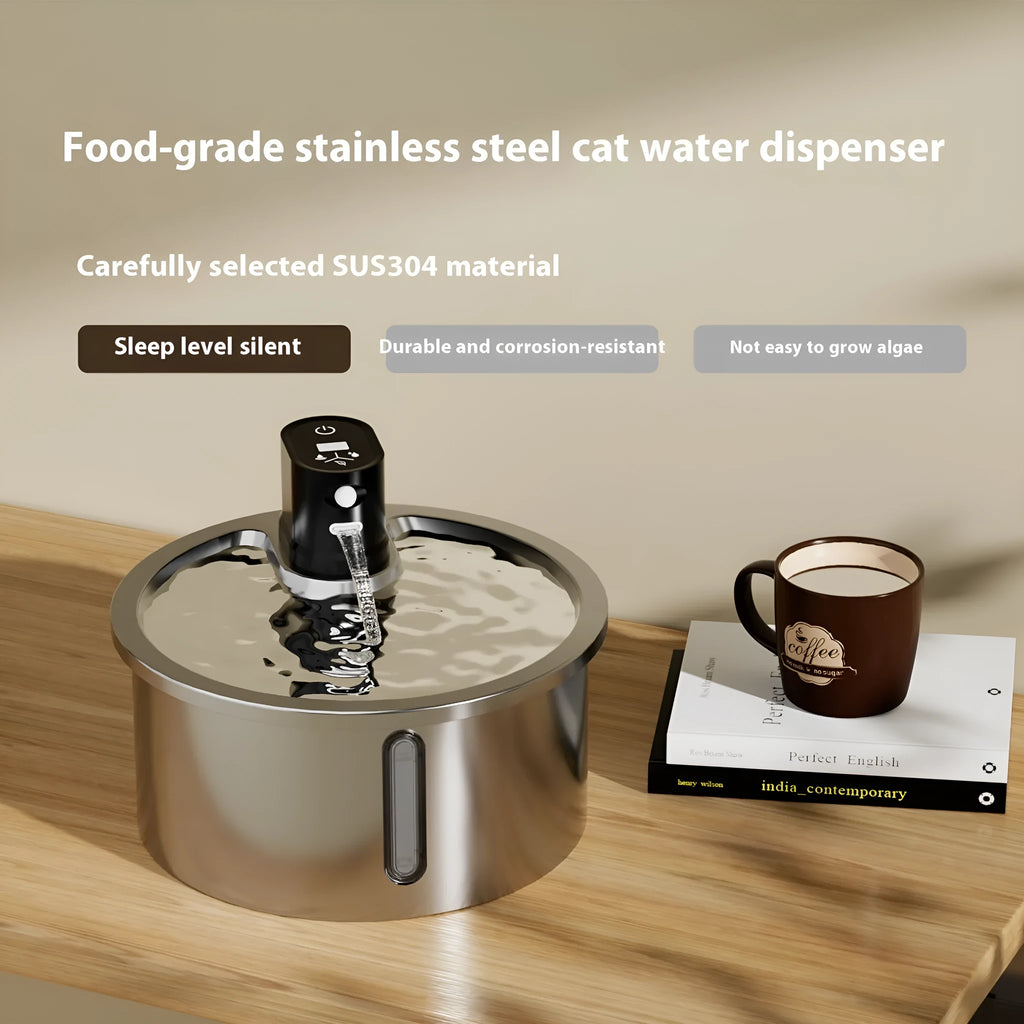 Stainless steel heated pet water fountain for cats and dogs on a nine-gear temperature base.