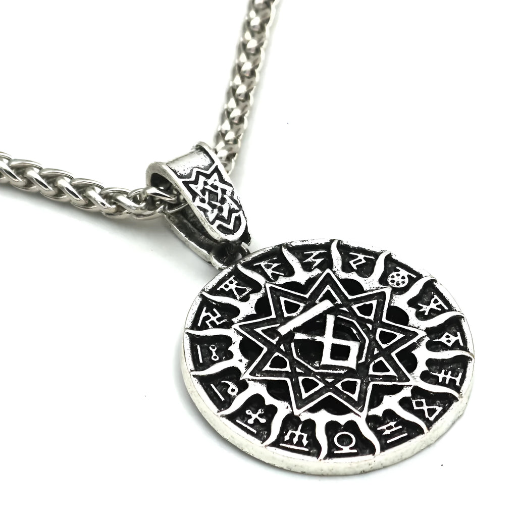 Lunavin ODing logo pendant necklace in antique silver with adjustable chain on grey background
