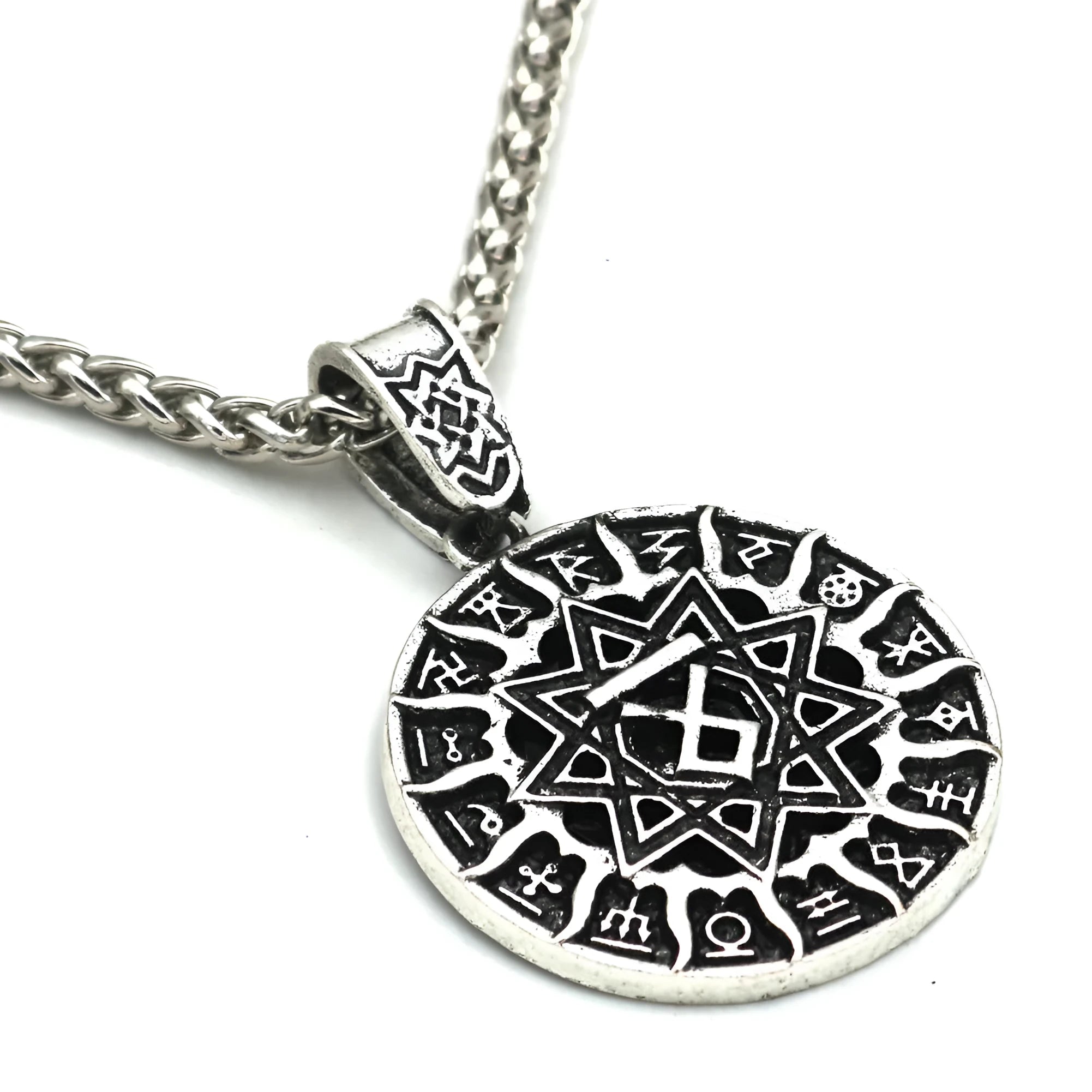 Lunavin ODing logo pendant necklace in antique silver with adjustable chain on grey background