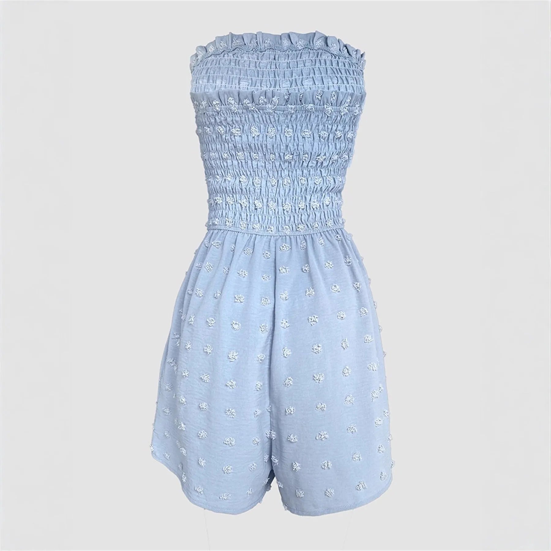 Blue women's off-shoulder sleeveless jumpsuit with button detail on mannequin