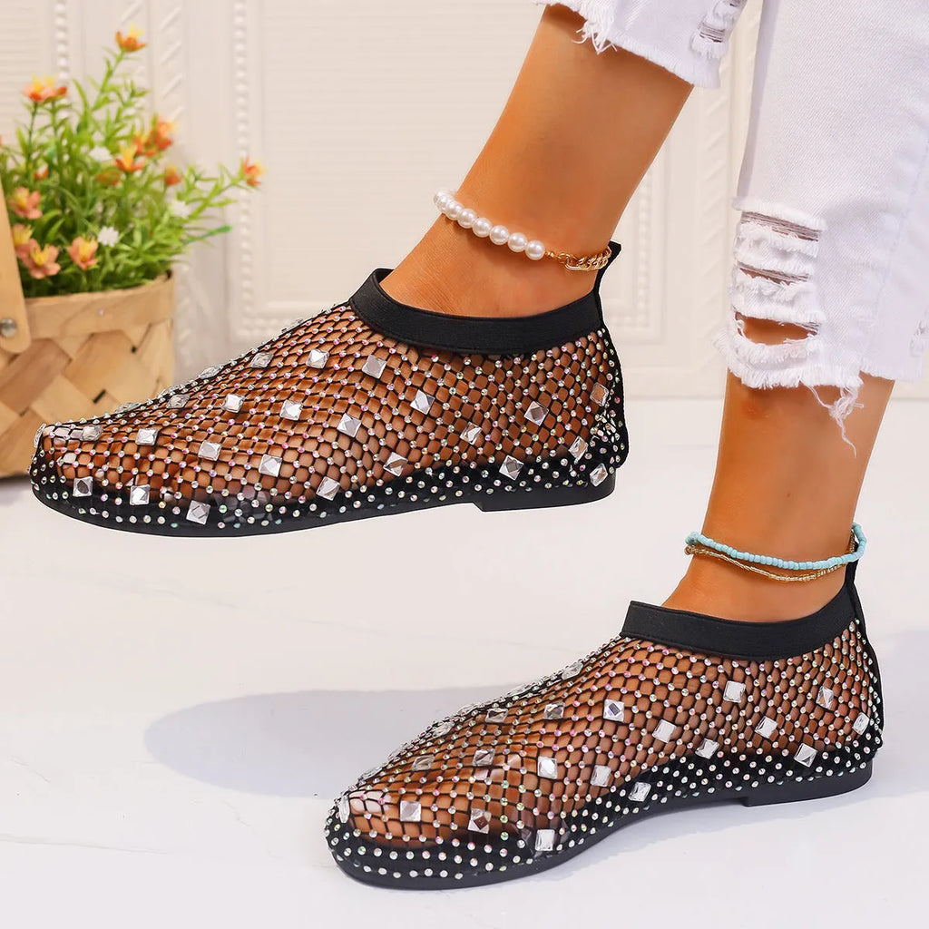 Women's flat sandals with mesh upper, colourful rhinestone design, and round toe