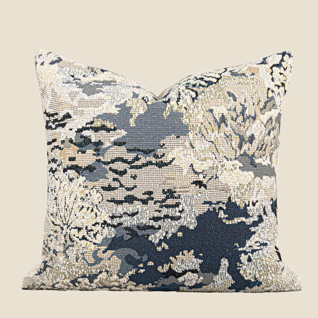 Antique blue decorative cushion with abstract floral artistic pattern on wool blend fabric, shown in square and rectangular sizes.