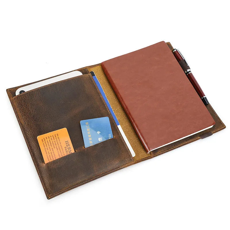 Brown Crazy Horse leather A5 notebook protective sleeve with square design and socket closure