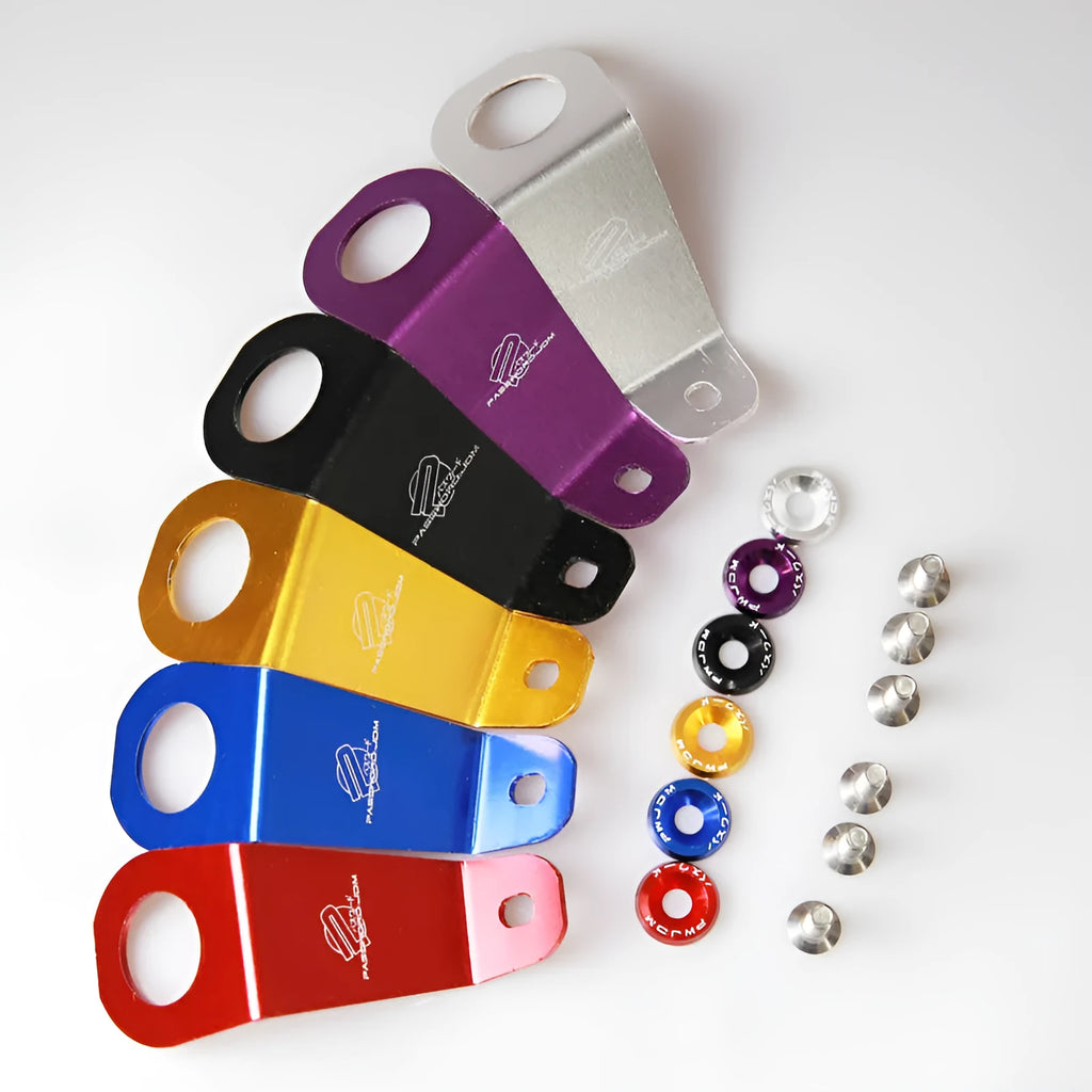 Aluminium alloy radiator bracket for Honda Civic EG in anodised finish, showing colour options.