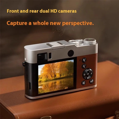 Black 5K digital compact camera with dual lenses and optical viewfinder on a 2.88-inch screen