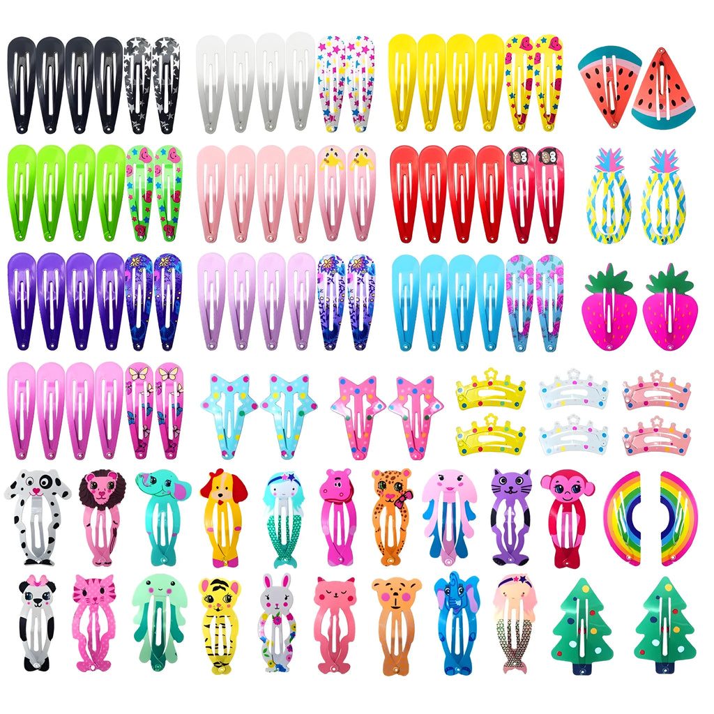 Assortment of 100 metal snap hair clips in candy colours with cartoon designs of animals, fruits, crowns, and stars