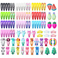 Assortment of 100 metal snap hair clips in candy colours with cartoon designs of animals, fruits, crowns, and stars