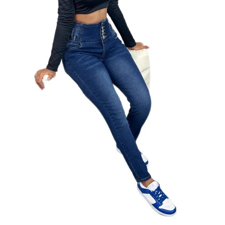Dark blue women's straight-leg jeans with breasted detail and zip fastening.