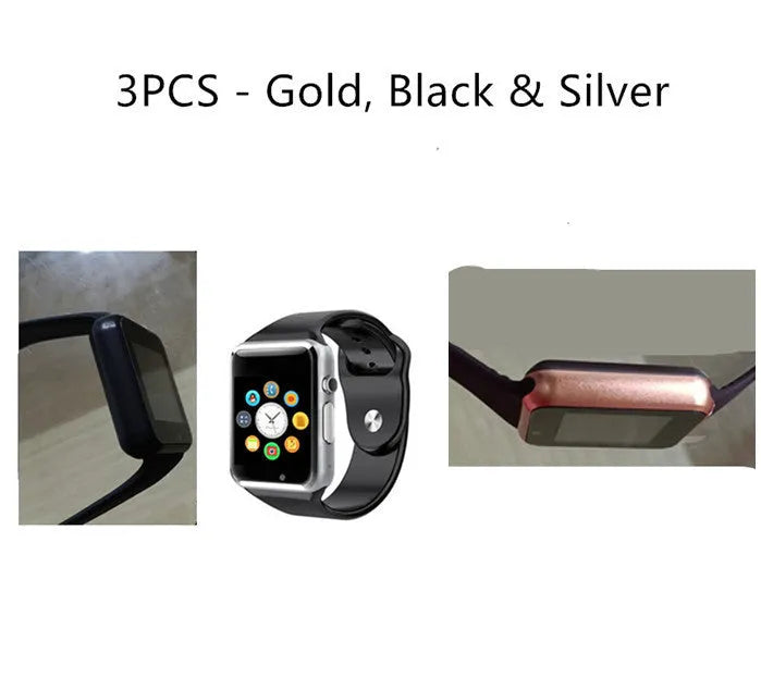 A1 GSM smart watch for Android with camera on a 1.54-inch screen, shown in various colours.