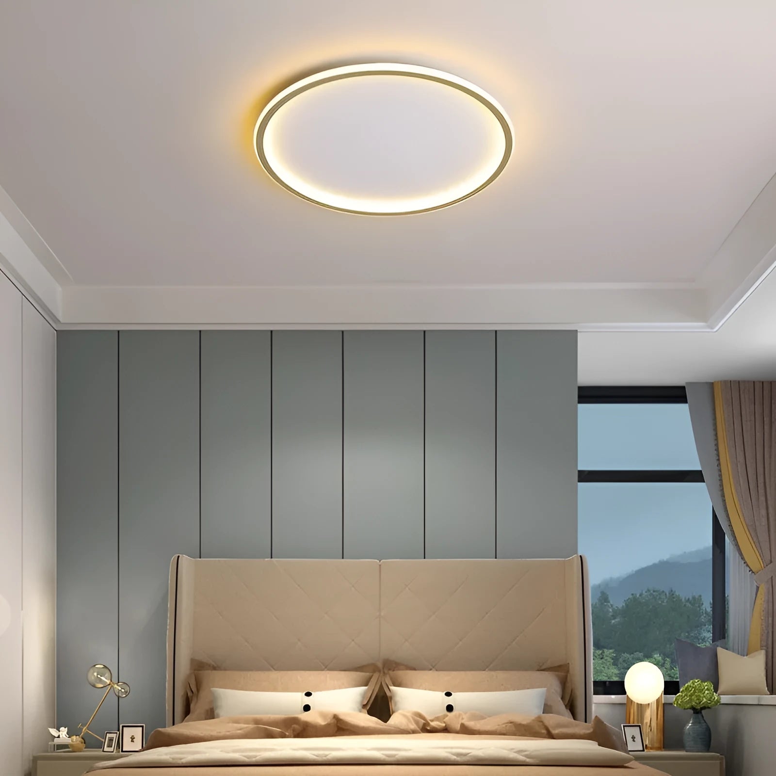 Minimalist circular LED ceiling lamp in black, gold or white finish with adjustable lighting options