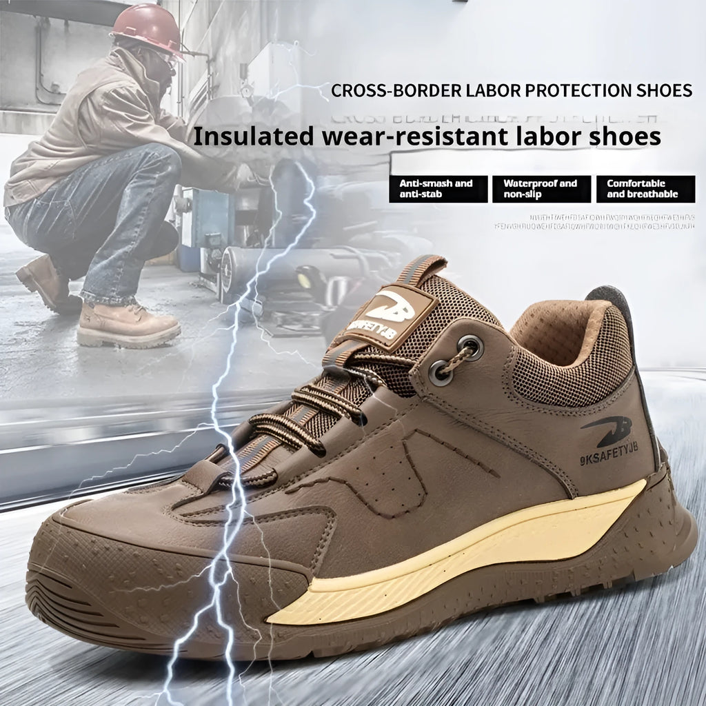 Work shoes with Flyknit construction, leather upper, and rubber sole available in multiple colours and sizes