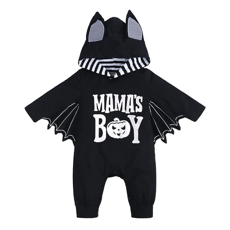 Baby Halloween batwing sleeve cotton jumpsuit with fixed hood, long sleeves, neutral colour, suitable height 60-100cm