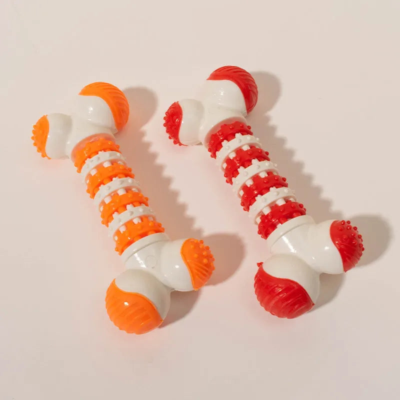 Blue bone-shaped interactive dog toy for small breeds with chewable ends and central treat holder