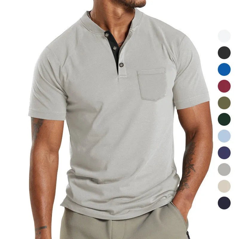 Plus size man wearing a light grey short sleeve casual shirt with a button chest pocket.