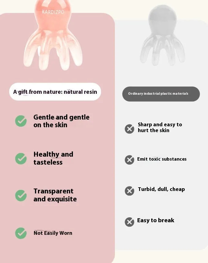 Pink octopus-shaped natural resin massage comb for facial and head massage on a plain background.